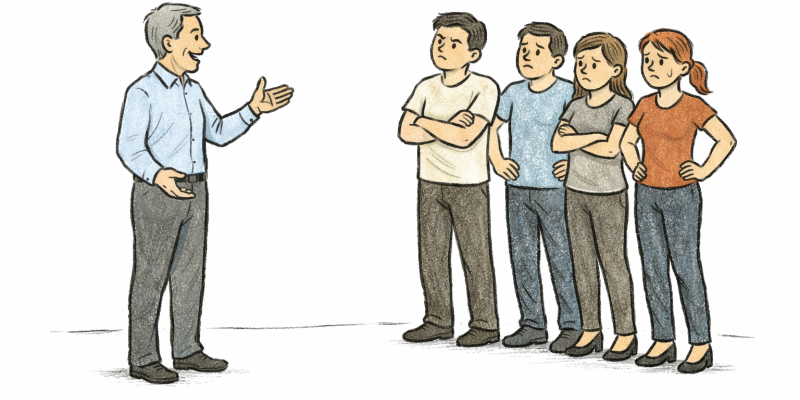 A team leader giving bad news to his frustrated team