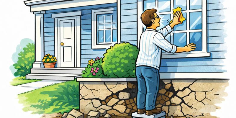 A man washing windows on a house with a crumbling foundation