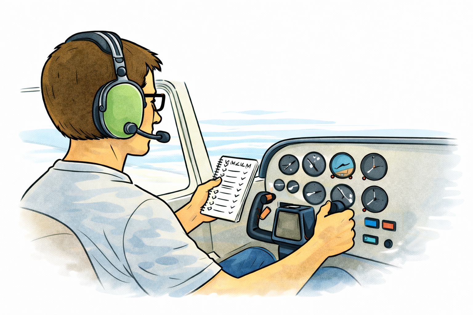 A pilot flying a plane while looking at a checklist