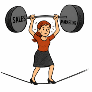 Woman on a tightrope holding a weight of Sales and Marketing