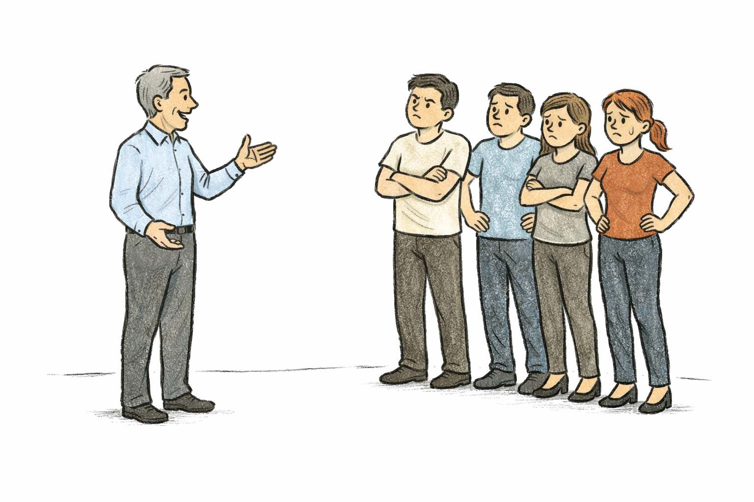 A team leader giving bad news to his frustrated team