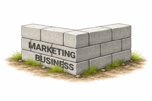 A brick wall with the words Content, Marketing and Business on it