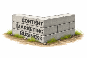 A brick wall with the words Content, Marketing and Business on it
