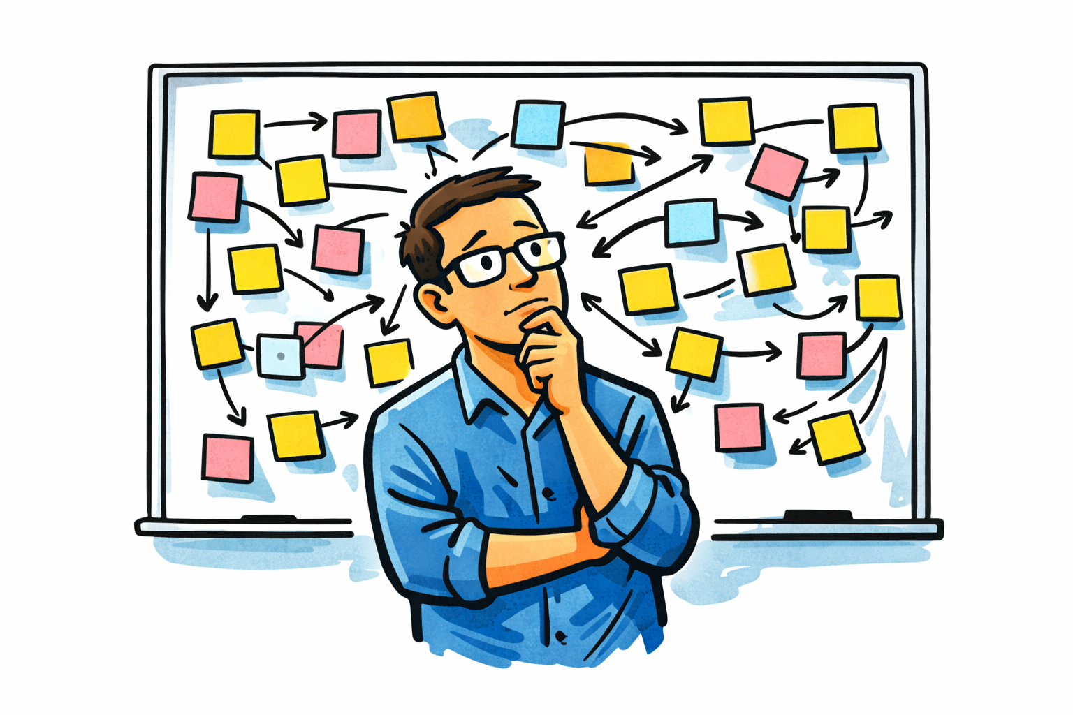Man thinking in front of a whiteboard with many sticky notes